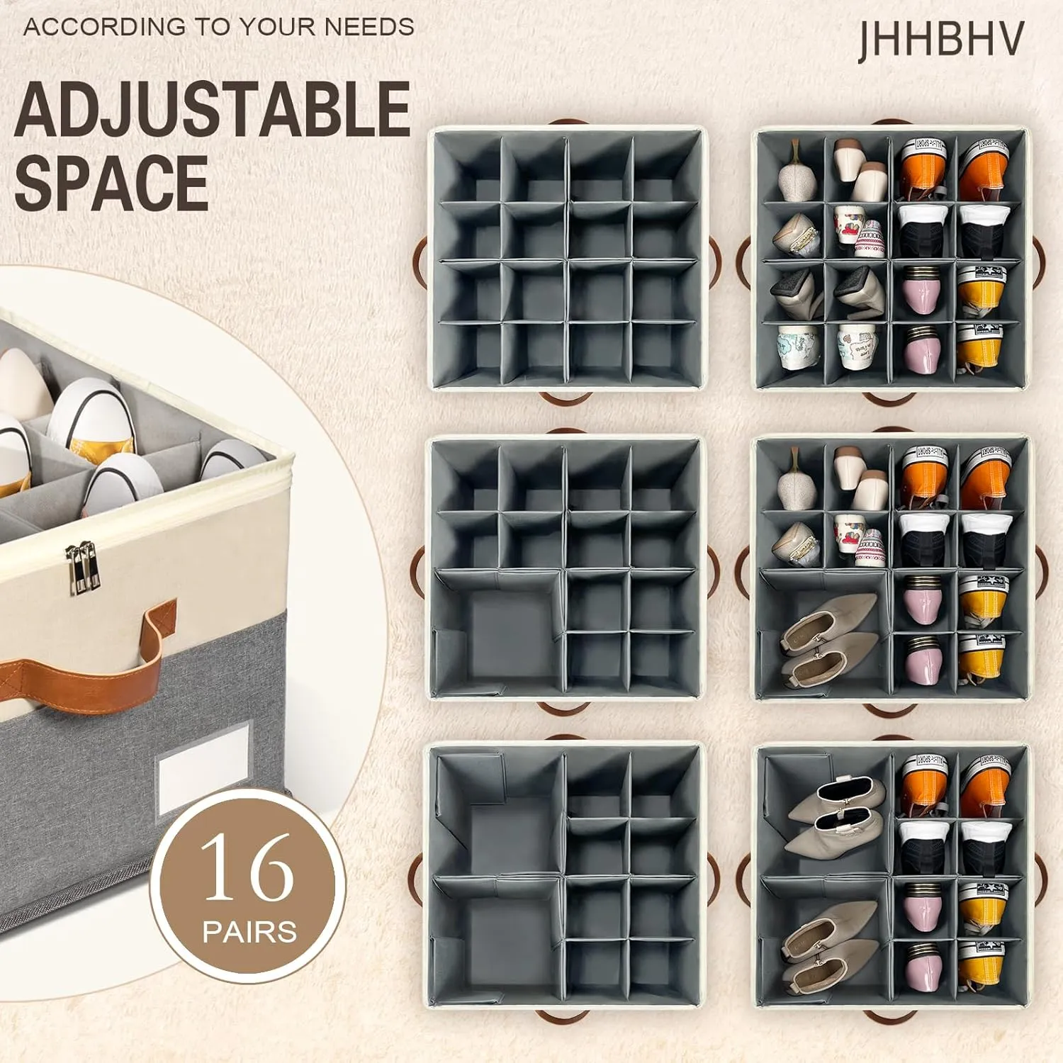 1 Pack Shoe Organizer for Closet, Adjustable Shoe Box Storage Containers, Large Foldable Shoe Bins with Clear Cover, Space Saving Shoes Holder with 4 Handles, Fits 8-16 Pairs, Beige