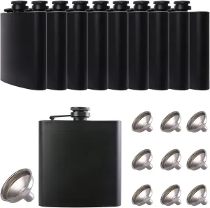 10 pcs Hip Flask for Liquor Black 6oz Stainless Steel Leakproof with 10 pcs Funnel for Gift, Camping, Wedding Party, Groomsmen Gifts