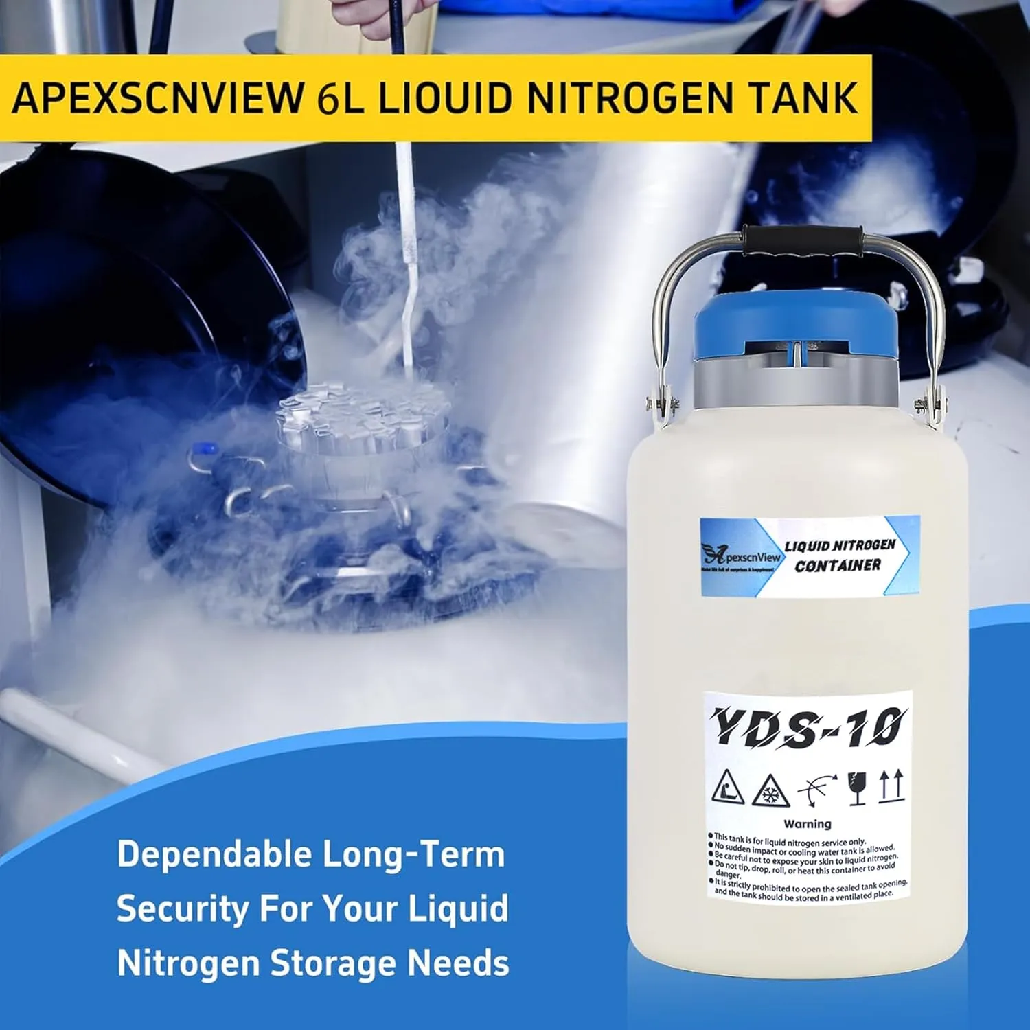 10L Liquid Nitrogen Tank, Aluminum Alloy Cryogenic Container Liquid Nitrogen (LN2) Dewar, Semen Tank, Liquid Nitrogen Dewar with 6 Canisters & Carry Bag (10L)