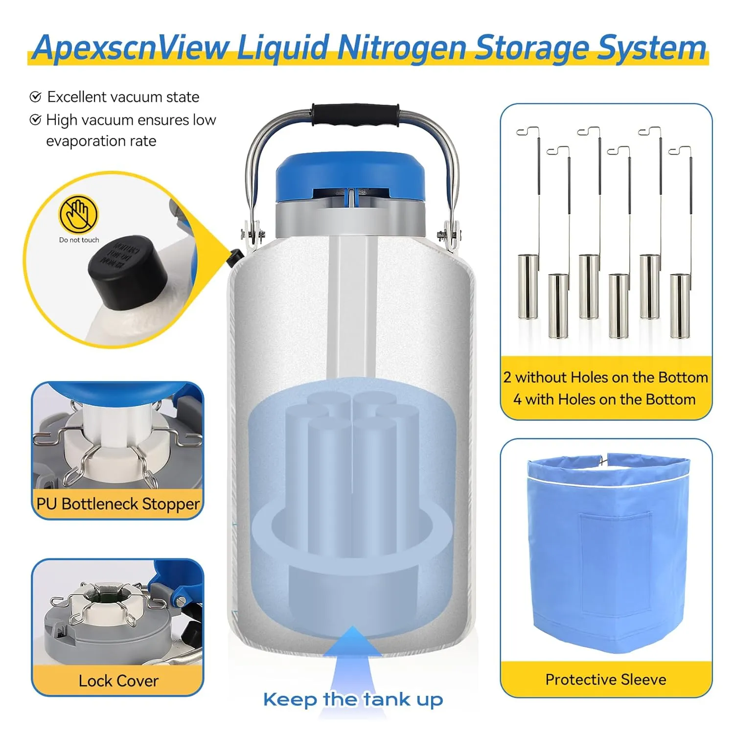 10L Liquid Nitrogen Tank, Aluminum Alloy Cryogenic Container Liquid Nitrogen (LN2) Dewar, Semen Tank, Liquid Nitrogen Dewar with 6 Canisters & Carry Bag (10L)