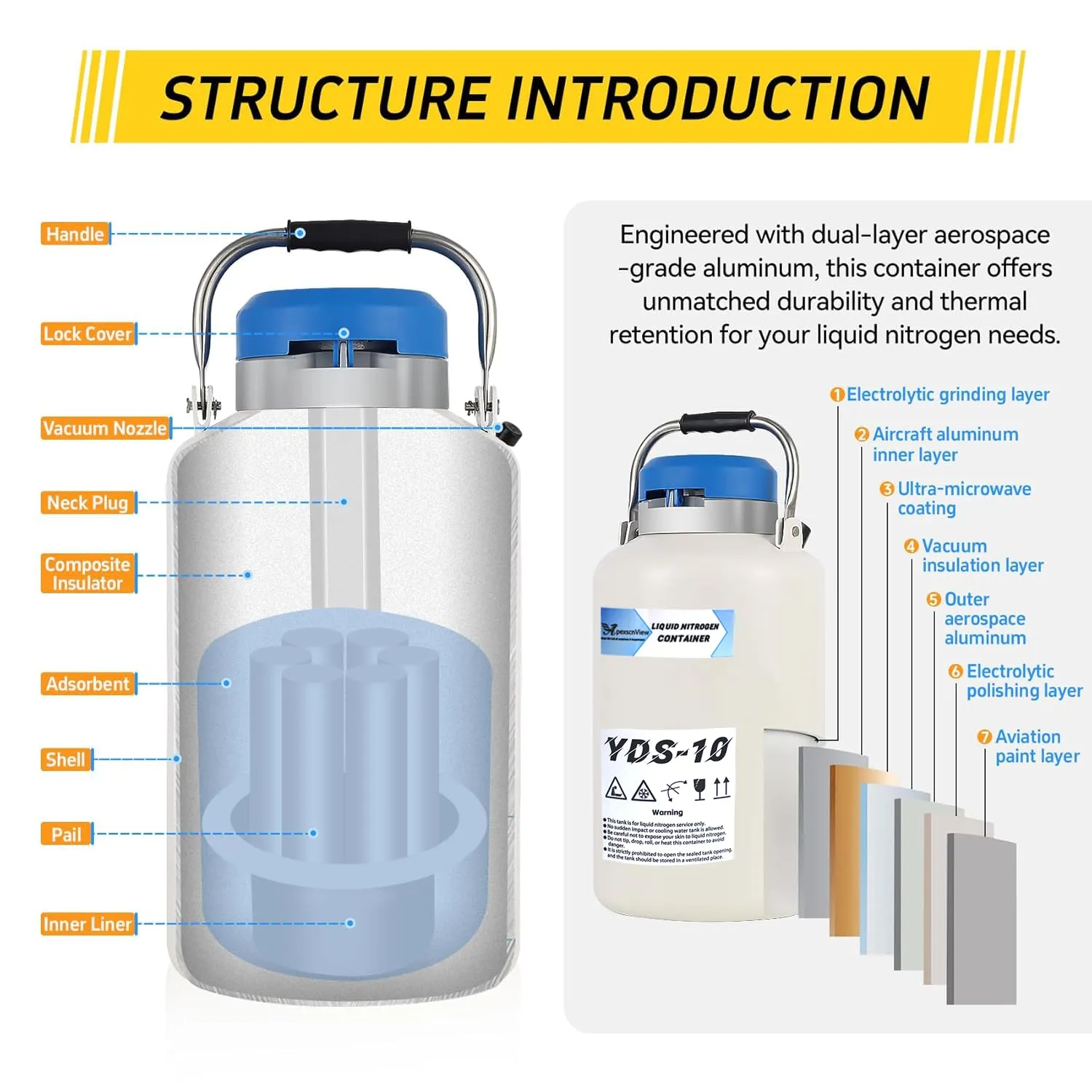 10L Liquid Nitrogen Tank, Aluminum Alloy Cryogenic Container Liquid Nitrogen (LN2) Dewar, Semen Tank, Liquid Nitrogen Dewar with 6 Canisters & Carry Bag (10L)