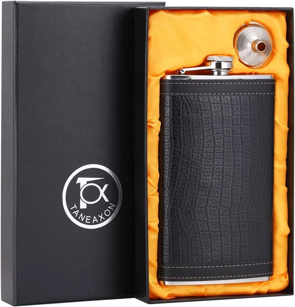 12 oz Pocket Black Whiskey Liquor Leather Wrapped Flask with Funnel and Box - Stainless steel and Leak Proof