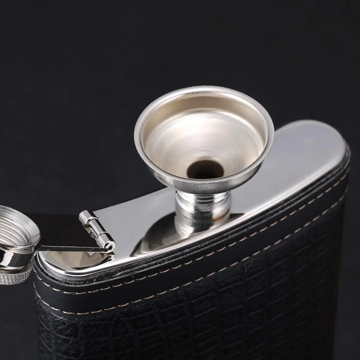 12 oz Pocket Black Whiskey Liquor Leather Wrapped Flask with Funnel and Box - Stainless steel and Leak Proof