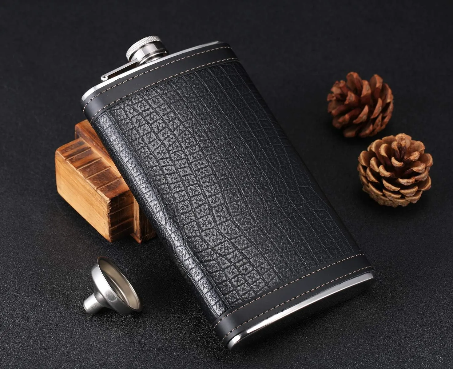 12 oz Pocket Black Whiskey Liquor Leather Wrapped Flask with Funnel and Box - Stainless steel and Leak Proof