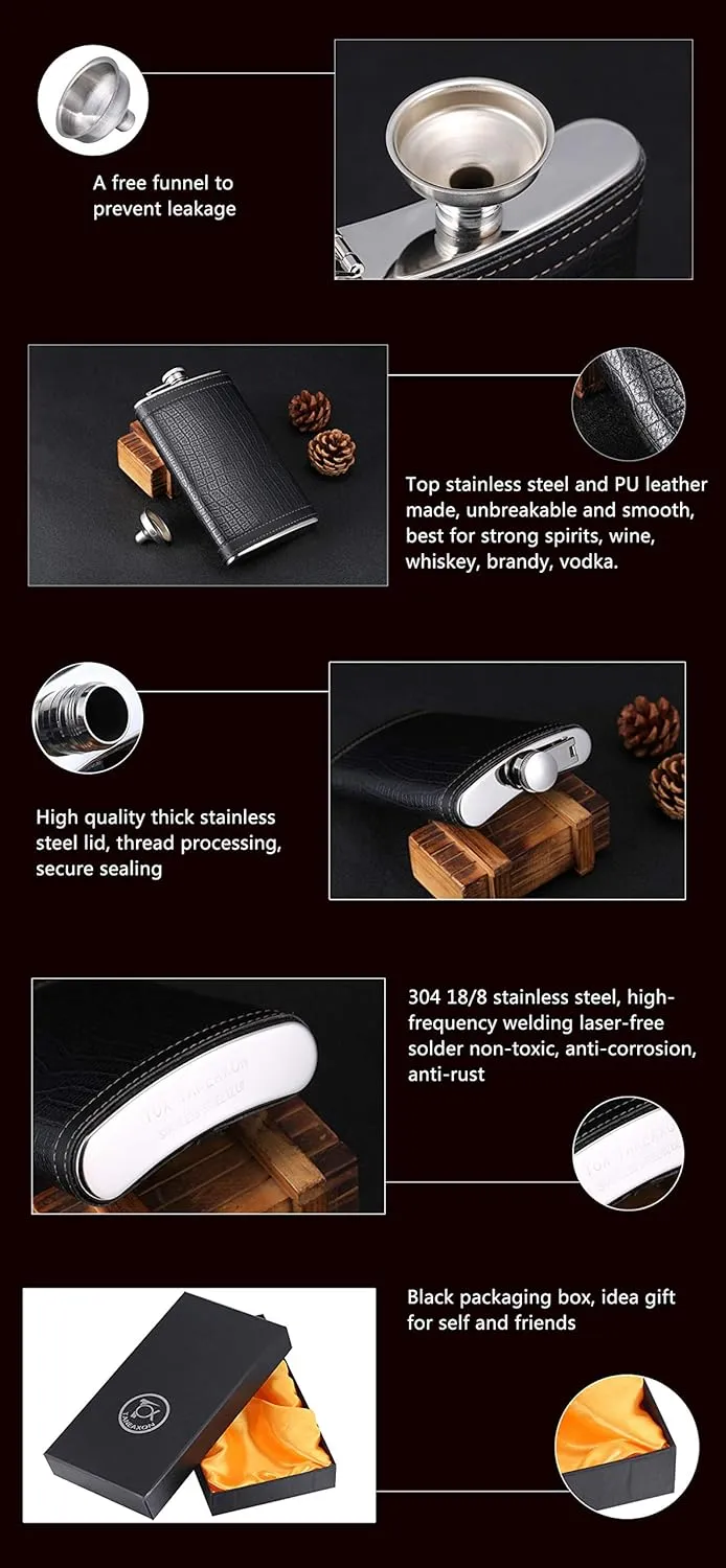 12 oz Pocket Black Whiskey Liquor Leather Wrapped Flask with Funnel and Box - Stainless steel and Leak Proof