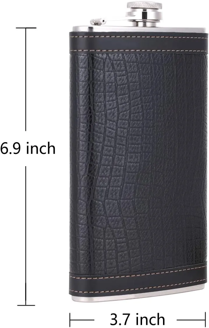 12 oz Pocket Black Whiskey Liquor Leather Wrapped Flask with Funnel and Box - Stainless steel and Leak Proof