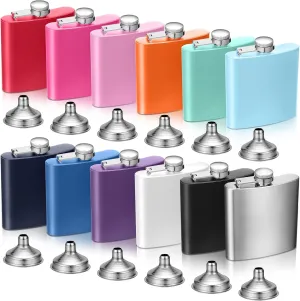12 Pcs Stainless Steel Hip Flask for Liquor Bulk Leak Proof Stainless Steel Flask Set with 12 Pcs Funnel for Alcohol Women Men Bridesmaid Groomsmen Party Wedding Birthday Gift, Colorful (6 oz)
