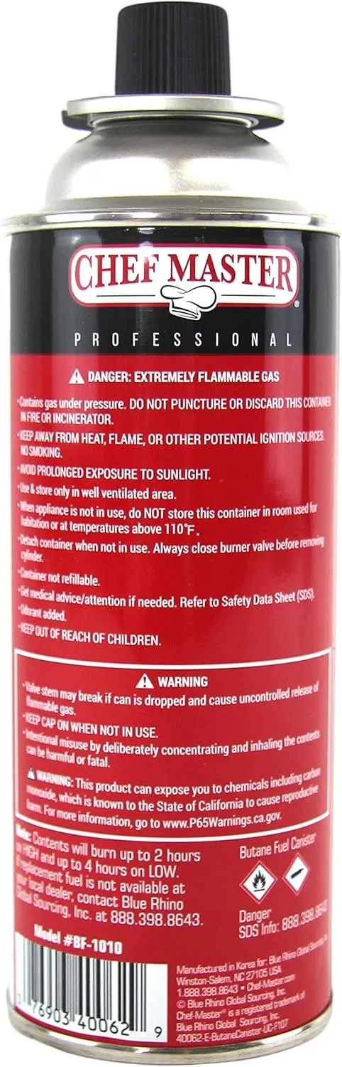 12 x 8oz. Butane Fuel Canister, Tin Canister for Tailgating, Picnics, Hikings, Road Trips, Car Campings, Butane Fuel Refill for Kitchen Torch, Portable Stove, Portable Camp Stoves by Chef Master 90340