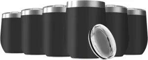 12oz Wine Tumbler with Lid Stainless Steel Wine Tumbler Cups Double Wall Vacuum Insulated Travel Mugs Stemless Cup(Set of 6, Black)