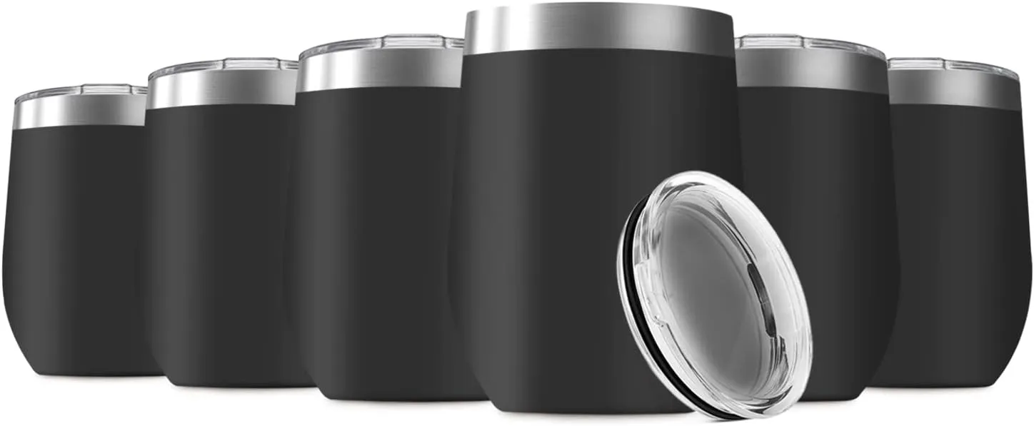 12oz Wine Tumbler with Lid Stainless Steel Wine Tumbler Cups Double Wall Vacuum Insulated Travel Mugs Stemless Cup(Set of 6, Black)