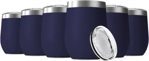 12oz Wine Tumbler with Lid Stainless Steel Wine Tumbler Cups Double Wall Vacuum Insulated Travel Mugs Stemless Cup(Set of 6, Navy)
