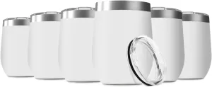 12oz Wine Tumbler with Lid Stainless Steel Wine Tumbler Cups Double Wall Vacuum Insulated Travel Mugs Stemless Cup(Set of 6, White)