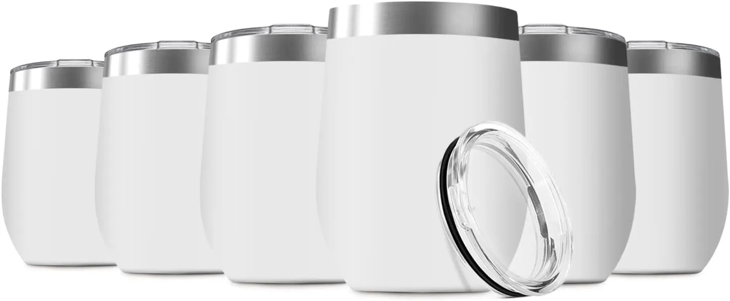 12oz Wine Tumbler with Lid Stainless Steel Wine Tumbler Cups Double Wall Vacuum Insulated Travel Mugs Stemless Cup(Set of 6, White)