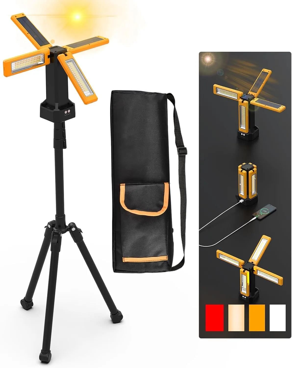 13200mAh Rechargeable Solar Work Light IP64 Waterproof with Folding Stand and Carrying Bag, AODOO 8000 Lumen Cordless Camping Light , White/Warm/Nature White/RED(SOS) with Detachable Tripod