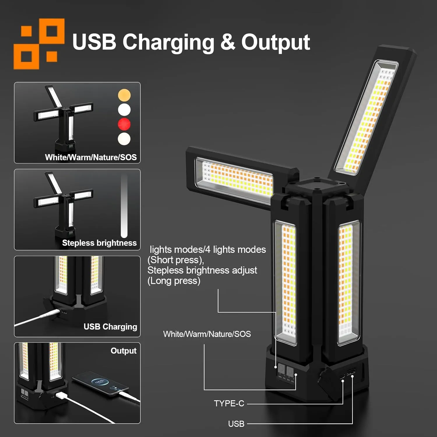 13200mAh Rechargeable Solar Work Light with Folding Stand and Carrying Bag, AODOO 8000 Lumen Stepless Dimmable, White/Warm/Nature White/RED(SOS) with Detachable Tripod (Black) (Black(no Tripod))