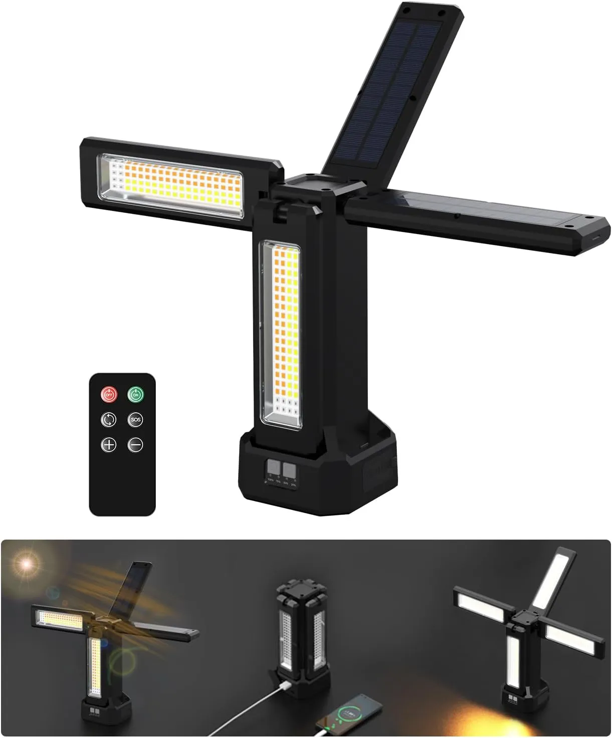 13200mAh Rechargeable Solar Work Light with Folding Stand and Carrying Bag, AODOO 8000 Lumen Stepless Dimmable, White/Warm/Nature White/RED(SOS) with Detachable Tripod (Black) (Black(no Tripod))