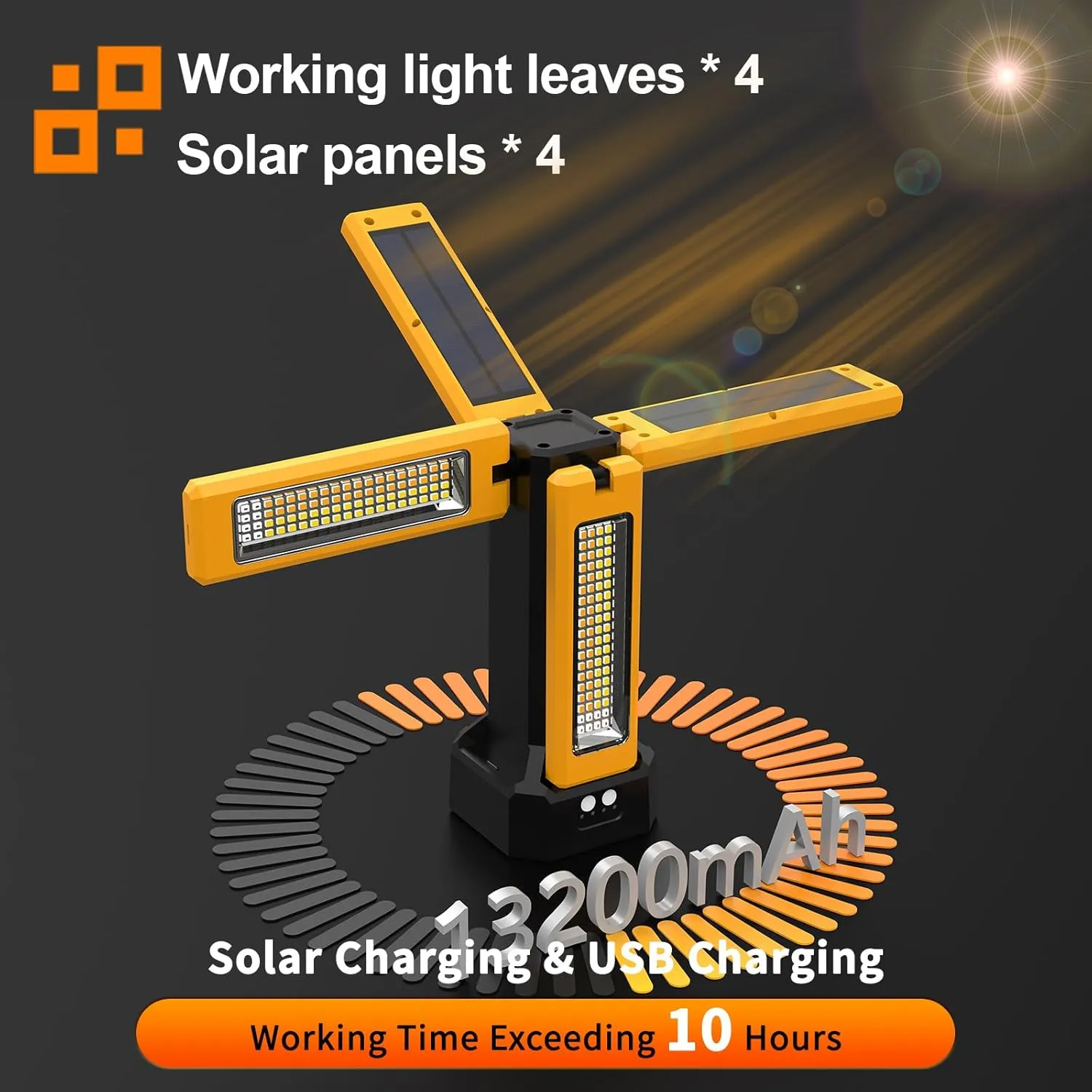13200mAh Rechargeable Solar Work Light with Folding Stand Support and Portable Carrying Bag, 8000 Lumen Stepless Dimmable, 4 Lighting Modes, White/Warm/Warm White (No Tripod)