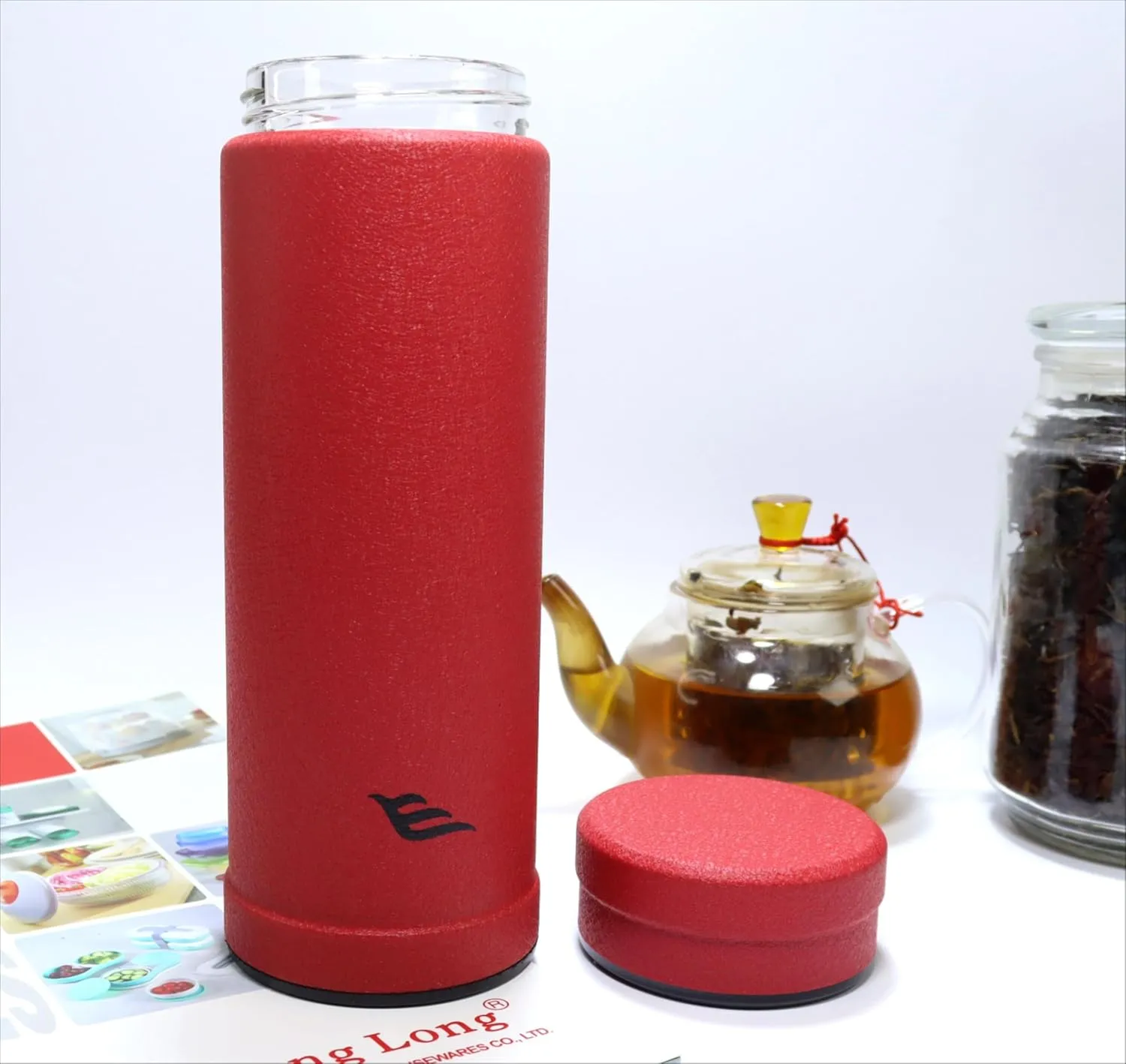14oz/400ml Vacuum Insulated Glass Bottle,Glass Vacuum Drinking Cup, glass lined thermos, stainless steel body,Glass vacuum liner inside(Chinese Red)
