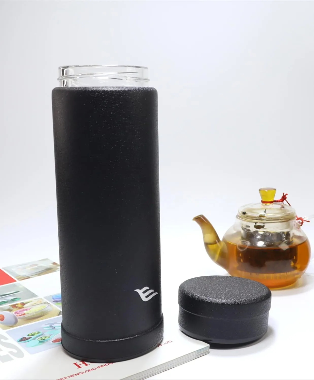 14oz/400ml Vacuum Insulated Glass Bottle,Glass Vacuum Drinking Cup,glass lined thermos, stainless steel body,Glass vacuum liner inside(Black)