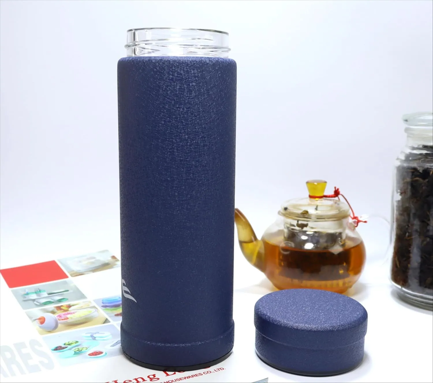 14oz/400ml Vacuum Insulated Glass Bottle,Glass Vacuum Drinking Cup,glass lined thermos, stainless steel body,Glass vacuum liner inside(Dark Blue)