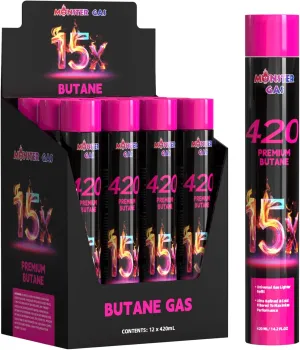 15x Ultra-Pure Butane Fuel Canisters 420ml(14.2 fl.oz), 99.99% Ultra-Pure Refill Gas for Lighters.One Display Box(Pack of 12)