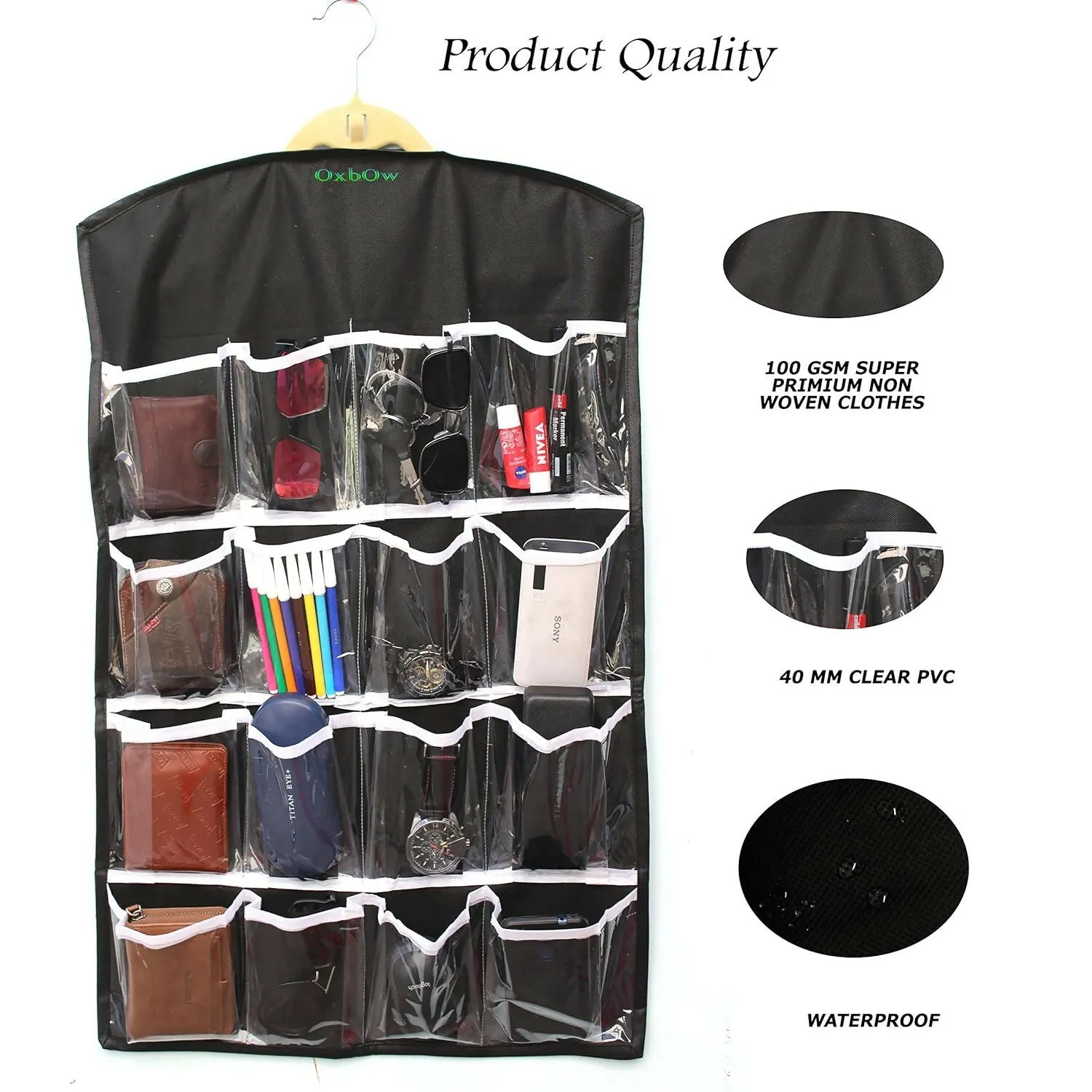 16-Pocket Hanging Wardrobe Organizer for Innerwear & Socks (Black, 75x45cm)