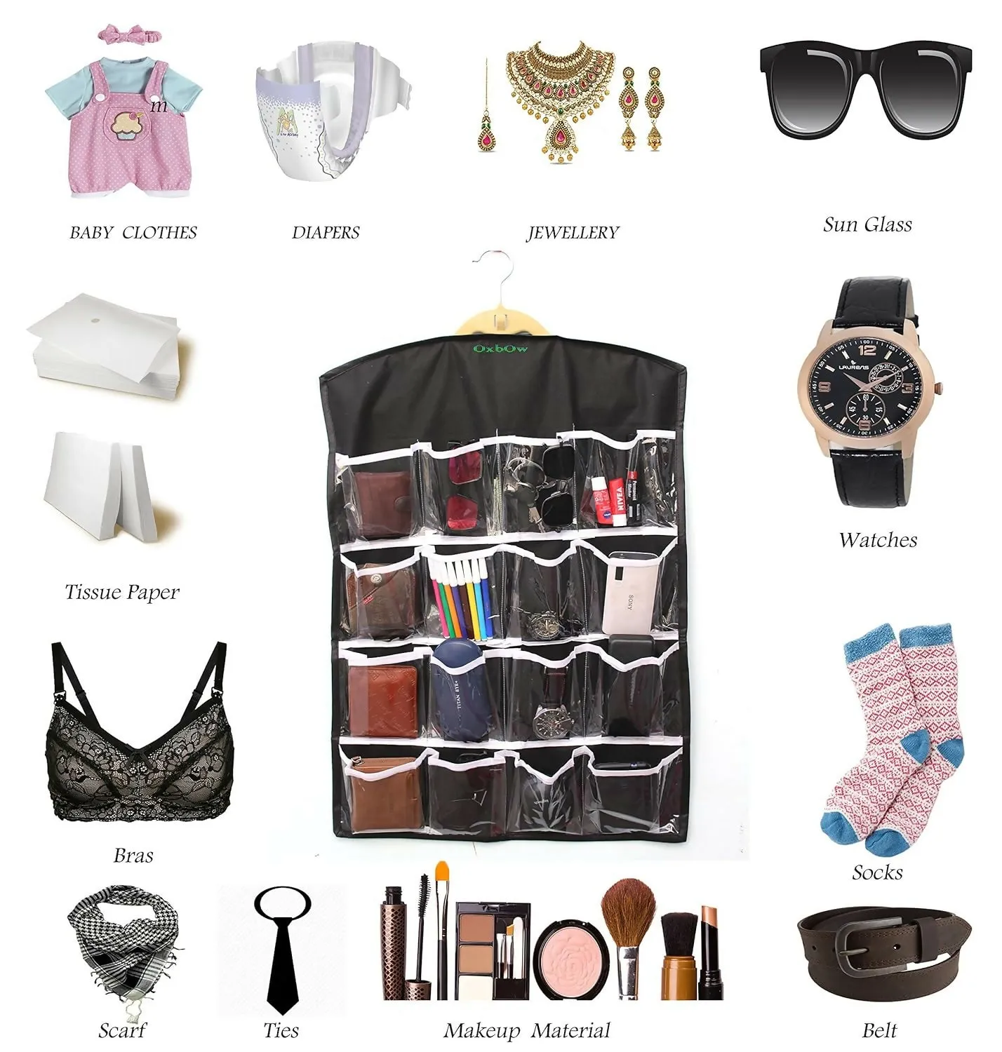 16-Pocket Hanging Wardrobe Organizer for Innerwear & Socks (Black, 75x45cm)
