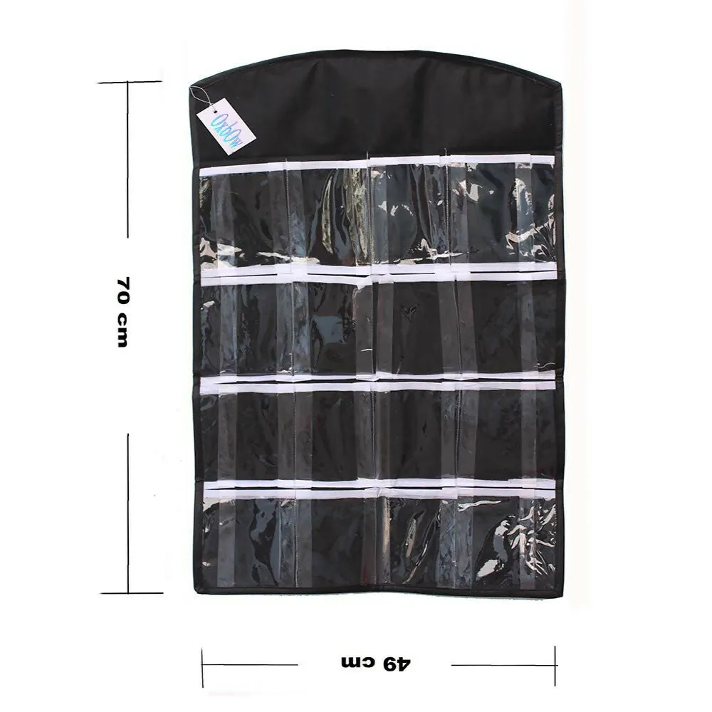 16-Pocket Hanging Wardrobe Organizer for Innerwear & Socks (Black, 75x45cm)