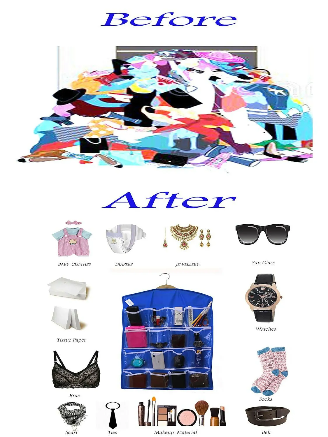 16-Pocket Hanging Wardrobe Organizer for Innerwear & Socks (Multi Colors, 75x45cm)
