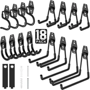 18 Pack Utility Steel Wall Mount Heavy Duty Garage Hooks with Anti-Slip Coating,Storage More Yard,Garden and Power Tools and for Hanging Hose,Ladder and Bike