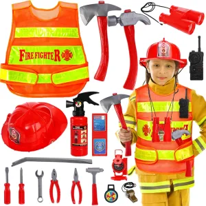 18 Pcs Fireman Costume for Kids, Toddler Firefighter Dress-Up Toy Set, Halloween Fireman Role Play Outfit with Accessories, Helmet Fire Extinguisher for Boy Girl Gift, Toddlers Ages 3 4 5 6 7