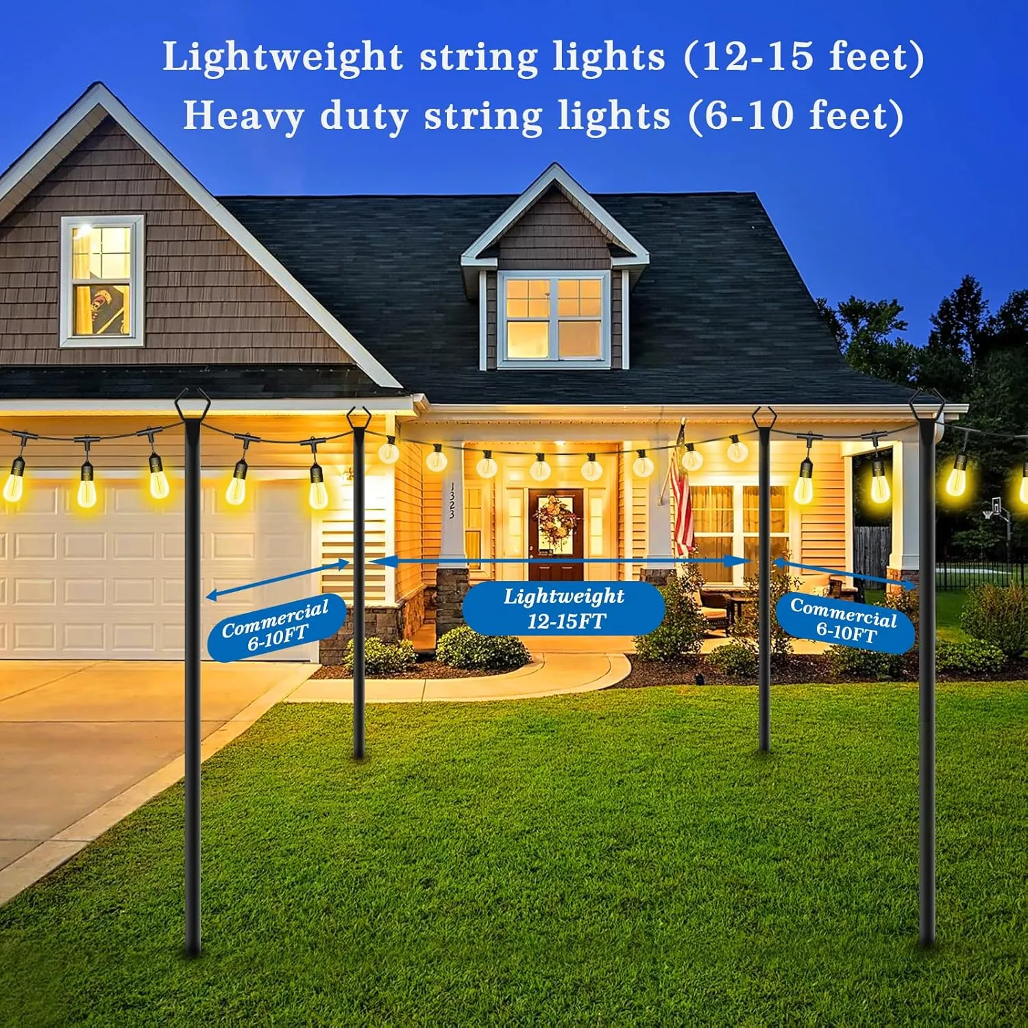2 Pack 10Ft String Poles, Poles for Outside String Lights,Outdoor with Fork,Metal Poles Stand for Patio,Backyard,Deck