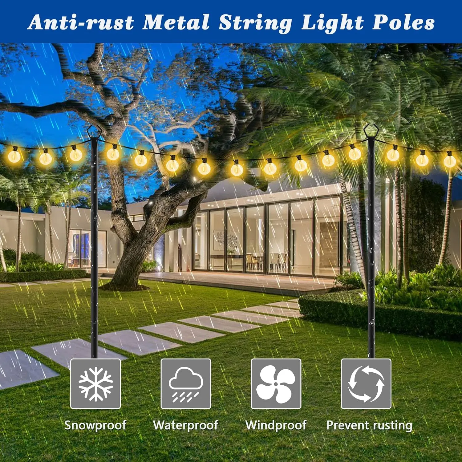 2 Pack 10Ft String Poles, Poles for Outside String Lights,Outdoor with Fork,Metal Poles Stand for Patio,Backyard,Deck