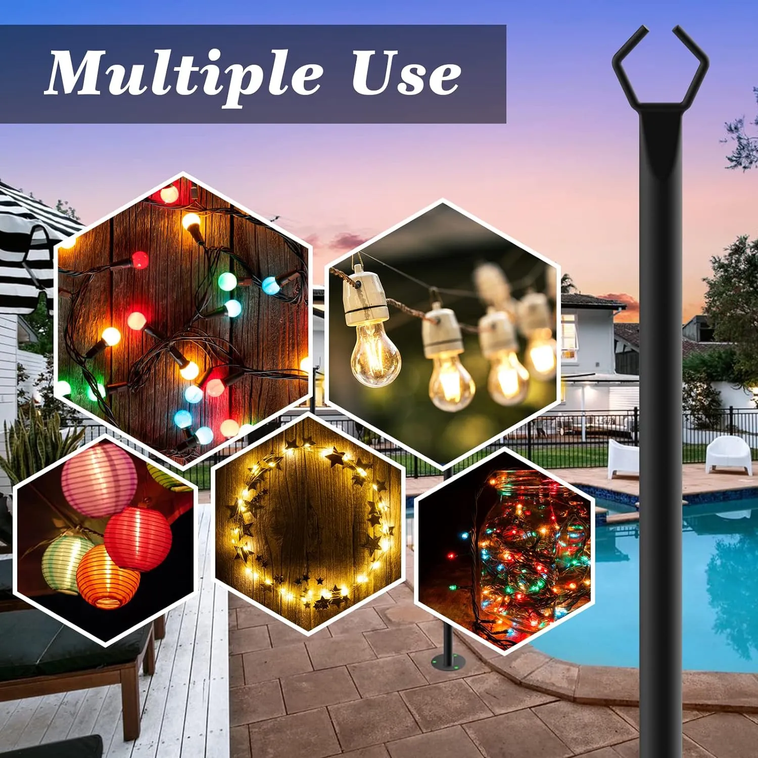 2 Pack 10Ft String Poles, Poles for Outside String Lights,Outdoor with Fork,Metal Poles Stand for Patio,Backyard,Deck
