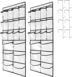 2 Pack Extra Large Hanging Crystal Clear Over Door Shoe Organizers, Closet Shoe Rack Organizer, 12 6 Pockets, 8 Hooks, White (59" x 21.6")