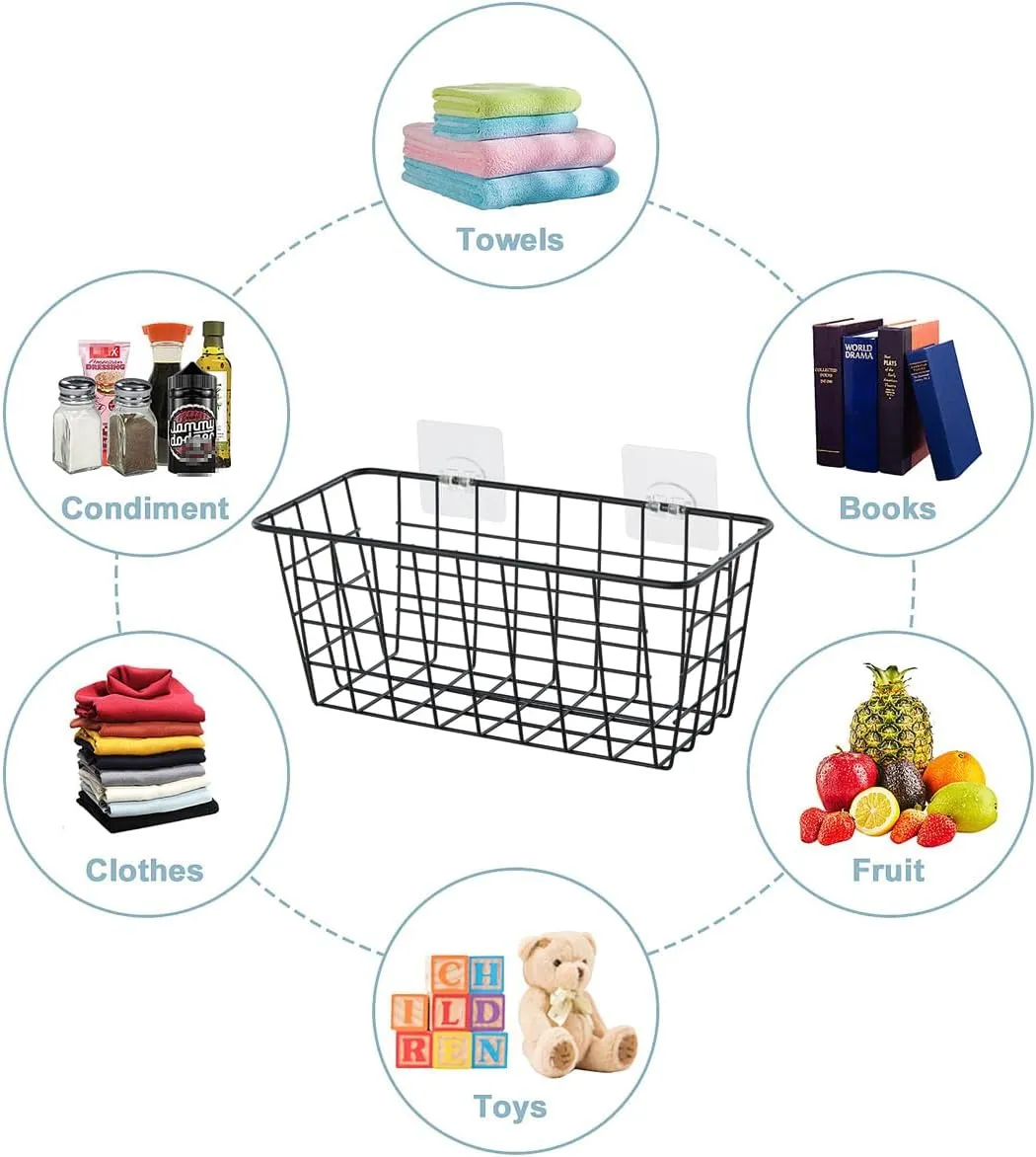 2 Pack Hanging Storage Basket, Bathroom Basket, Household Goods, with Traceless Tape, no Drilling, for Cabinet Storage, Kitchen, Bathroom, Storage Room,Black