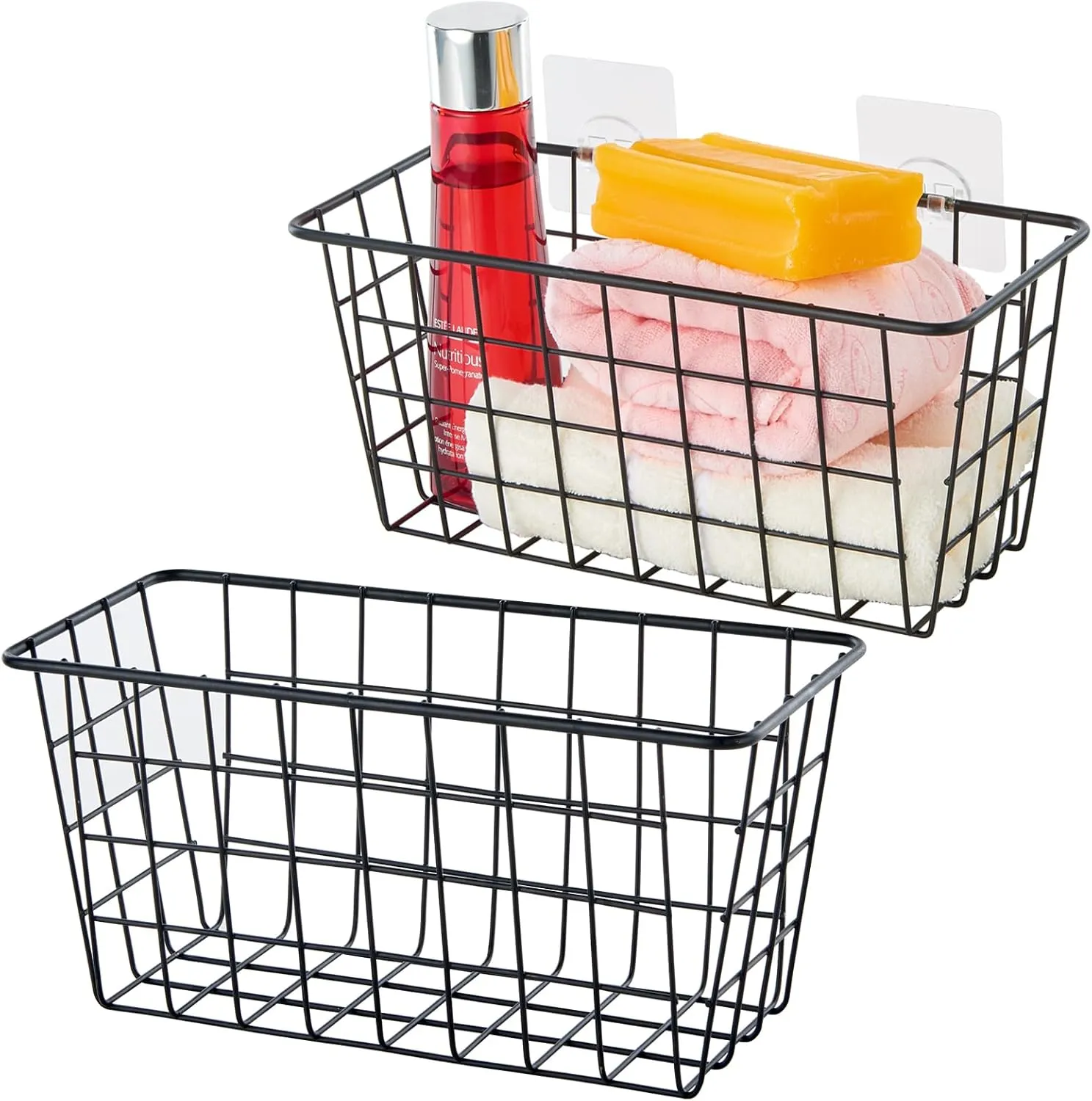 2 Pack Hanging Storage Basket, Bathroom Basket, Household Goods, with Traceless Tape, no Drilling, for Cabinet Storage, Kitchen, Bathroom, Storage Room,Black