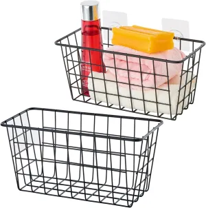 2 Pack Hanging Storage Basket, Bathroom Basket, Household Goods, with Traceless Tape, no Drilling, for Cabinet Storage, Kitchen, Bathroom, Storage Room,Black