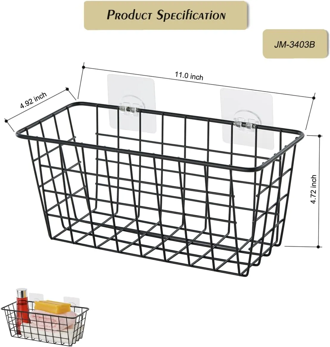 2 Pack Hanging Storage Basket, Bathroom Basket, Household Goods, with Traceless Tape, no Drilling, for Cabinet Storage, Kitchen, Bathroom, Storage Room,Black