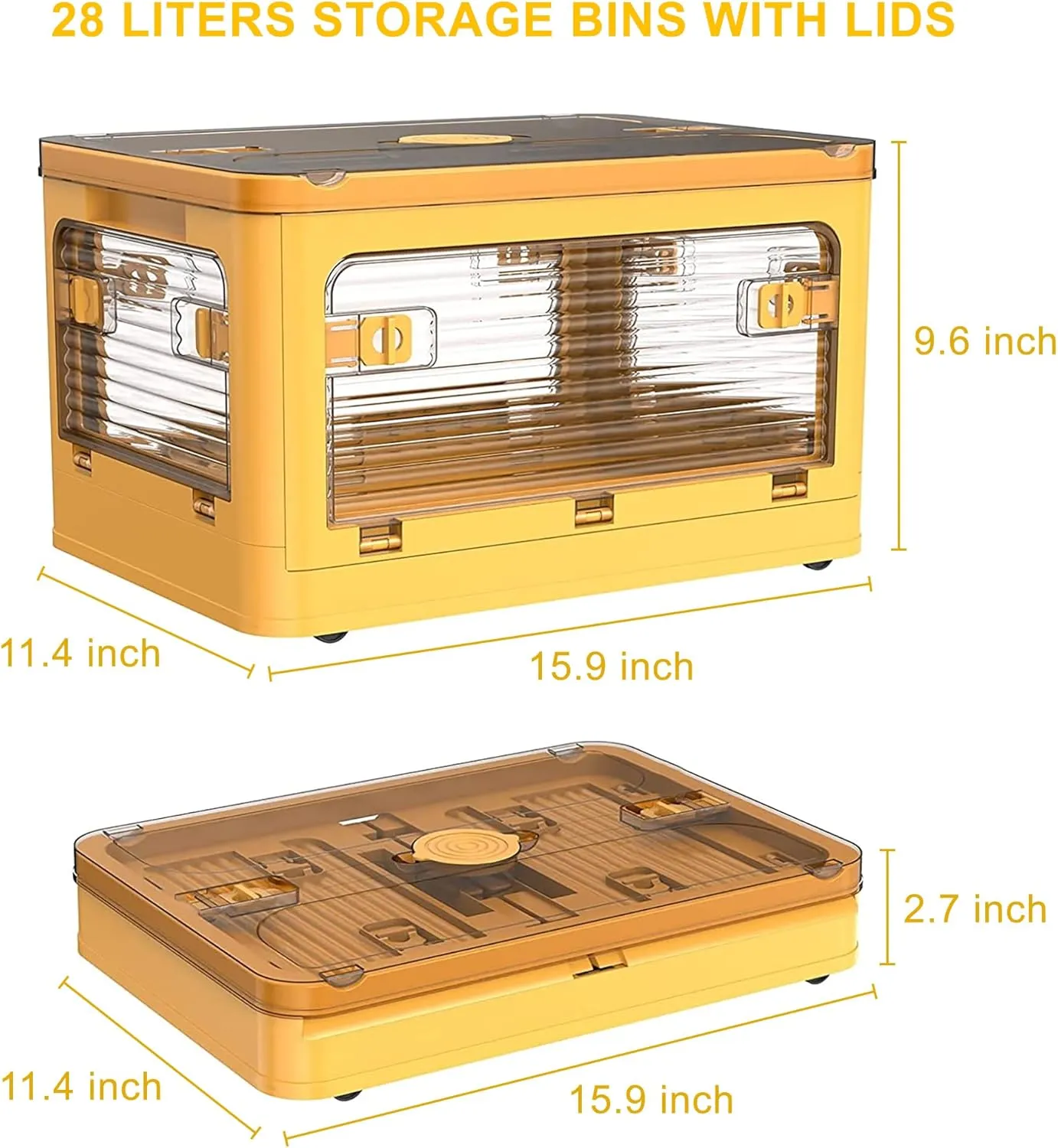 2 Pack Plastic 4 Doors Collapsible Storage Bins with Lid & Wheels, 28 Liters Folding Storage Bins, Stackable Multifunctional Box for Camping Clothes Snack Storage