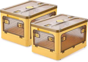 2 Pack Plastic 4 Doors Collapsible Storage Bins with Lid & Wheels, 28 Liters Folding Storage Bins, Stackable Multifunctional Box for Camping Clothes Snack Storage