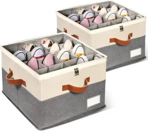 2 Pack Shoe Organizer for Closet, Adjustable Shoe Box Storage Containers, Large Foldable Shoe Bins with Clear Cover, Space Saving Shoes Holder with 4 Handles, Fits 8-16 Pairs, Beige