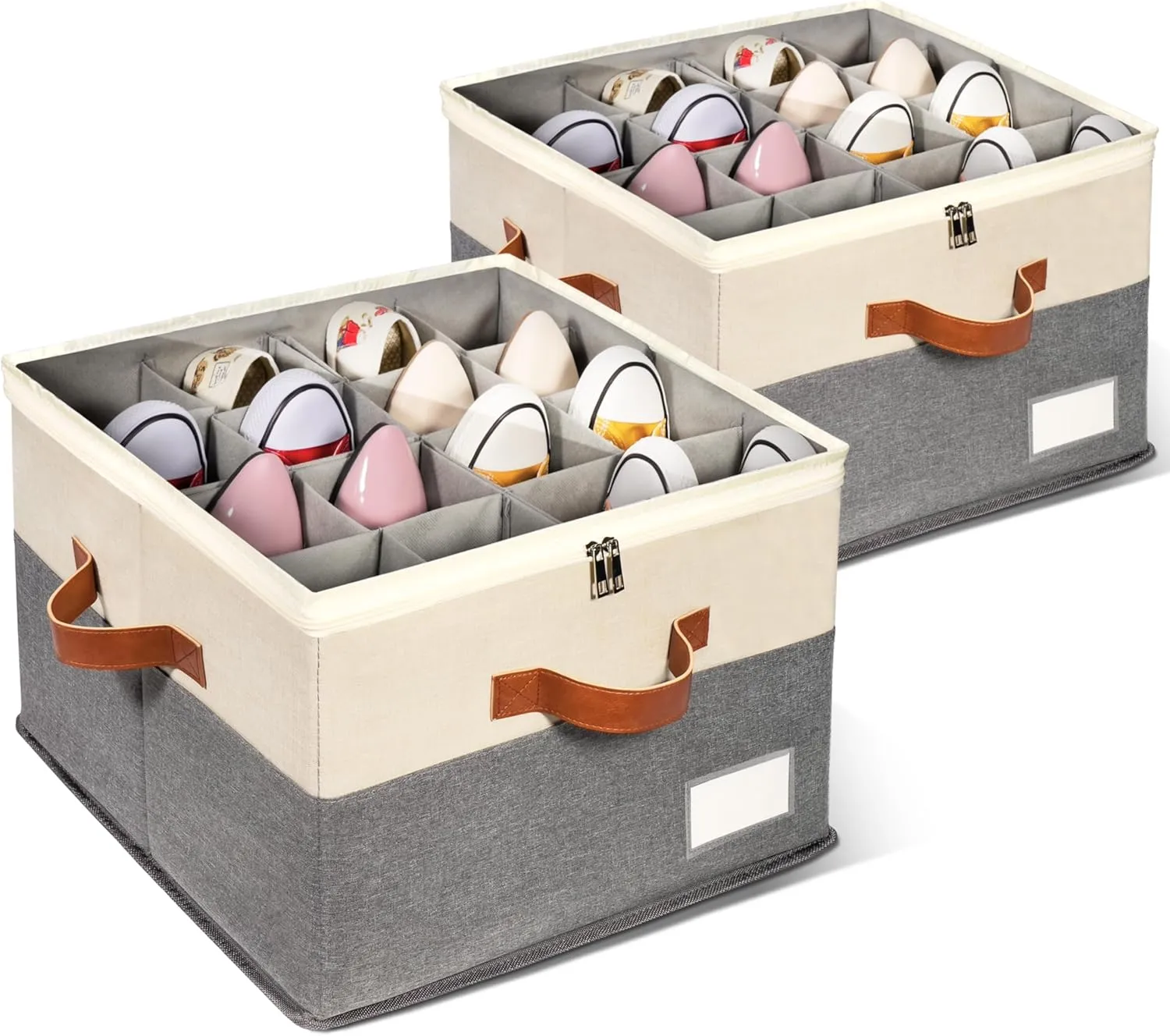 2 Pack Shoe Organizer for Closet, Adjustable Shoe Box Storage Containers, Large Foldable Shoe Bins with Clear Cover, Space Saving Shoes Holder with 4 Handles, Fits 8-16 Pairs, Beige