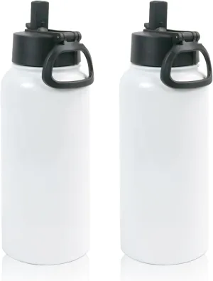 2 Pack Sublimation Blank Tumbler White Sports Water Bottles 32 OZ Wide Mouth Stainless Steel Vacuum Flask with Spout Lid for Tumbler Press Machine Sublimation Print