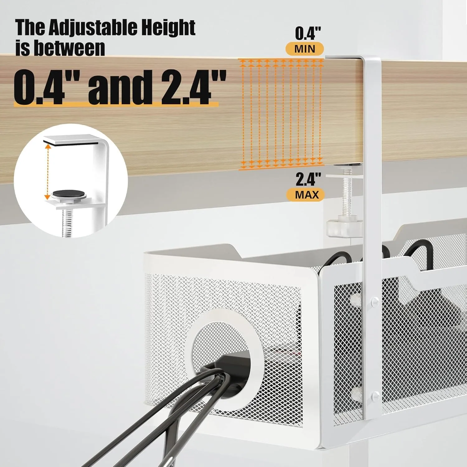 2 Pack Under Desk Cable Management Box White, Cinati Wire Organizers No Drill, Cord Organization Tray with Clamp for Office, Home - No Damage to Desk