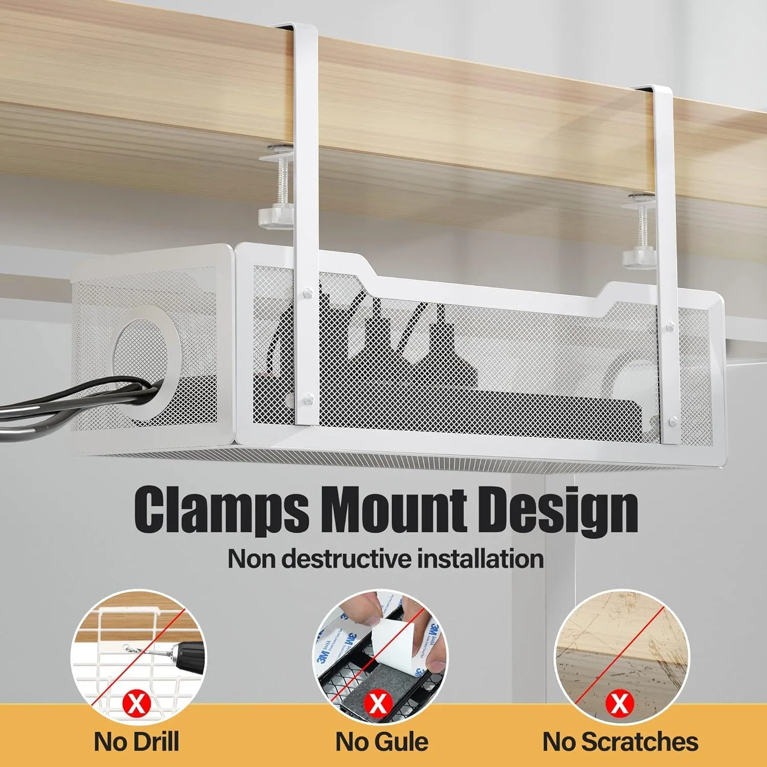 2 Pack Under Desk Cable Management Box White, Cinati Wire Organizers No Drill, Cord Organization Tray with Clamp for Office, Home - No Damage to Desk