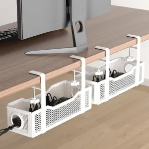 2 Pack Under Desk Cable Management Box White, Cinati Wire Organizers No Drill, Cord Organization Tray with Clamp for Office, Home - No Damage to Desk