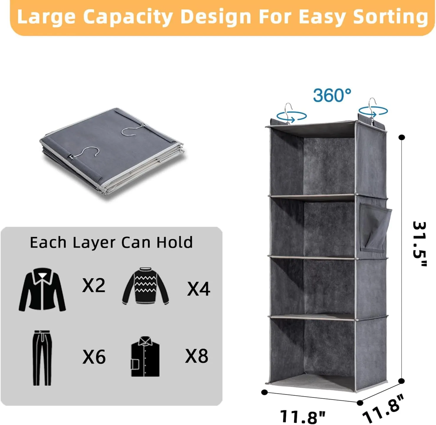 2 Packs Hanging Closet Organizer, 4-Shelf Closet Organizers and Storage with Side Pockets, Collapsible Hanging Shelves for Closet & RV & College Dorm,Grey