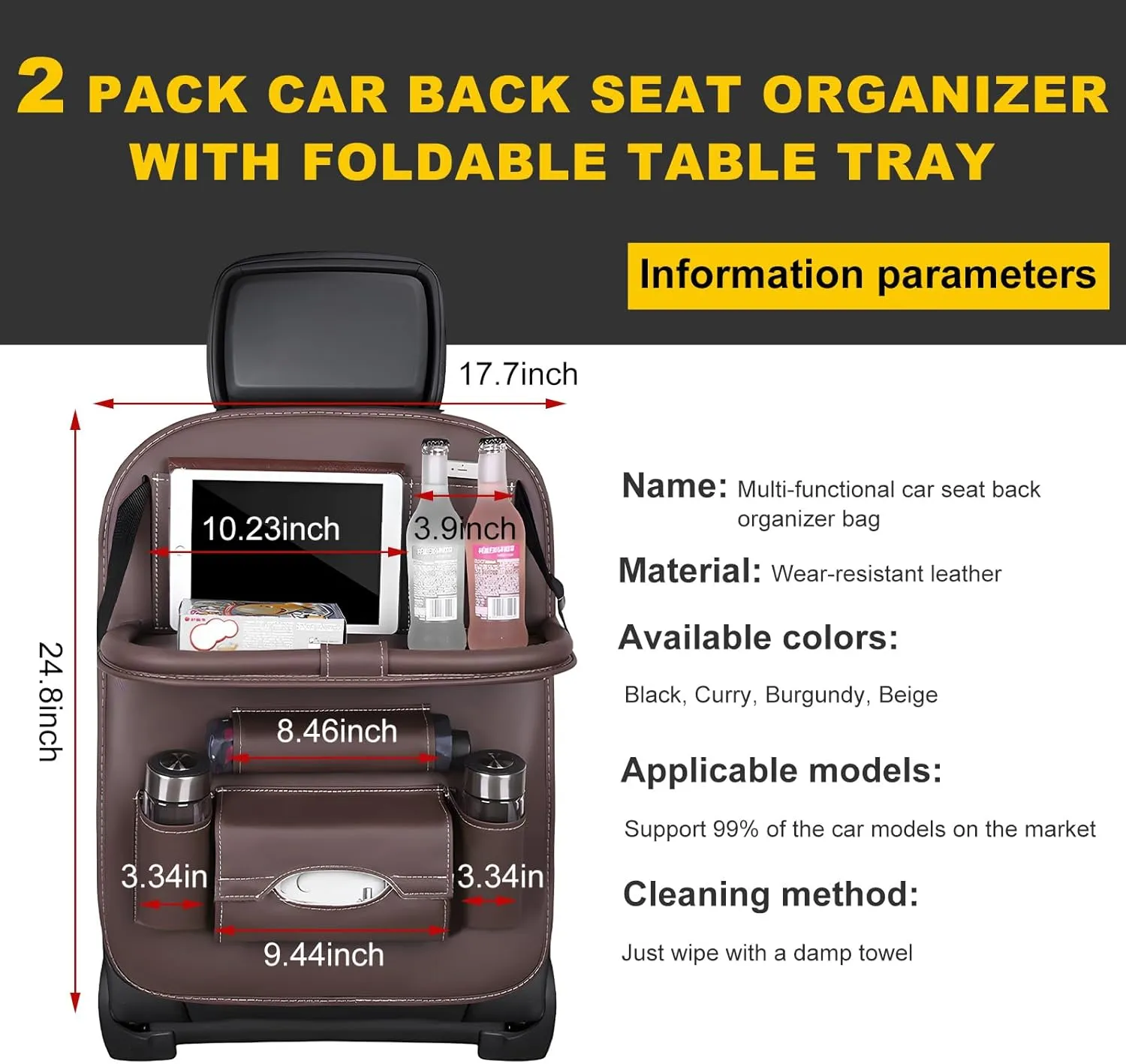 2 PCS Car Seat Back Pocket, Waterproof Leather Auto Back seat Organizer for Kids, Upgraded Car Organizer with Tablet Holder Pockets, Universal Interior Car Accessories (Coffee)