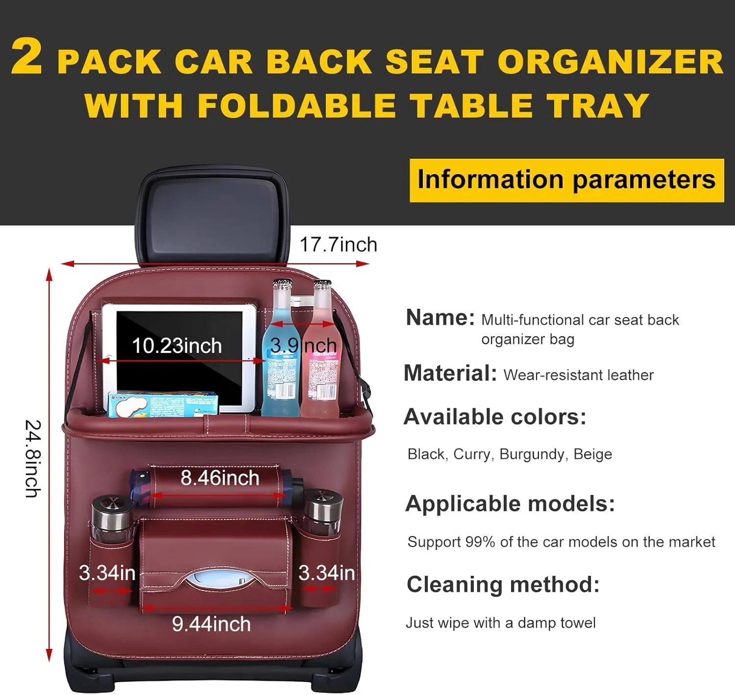 2 PCS Car Seat Back Pocket, Waterproof Leather Auto Back seat Organizer for Kids, Upgraded Car Organizer with Tablet Holder Pockets, Universal Interior Car Accessories (Wine Red)